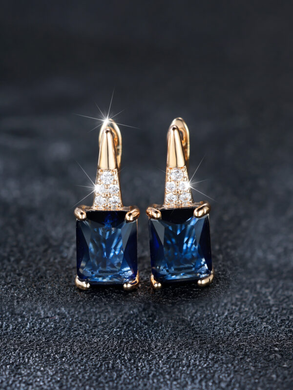 Champagne Gold Rectangular Chamfered Sapphire Blue Earrings For Women - Image 4