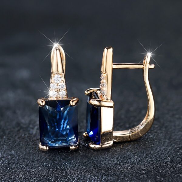 Champagne Gold Rectangular Chamfered Sapphire Blue Earrings For Women - Image 2