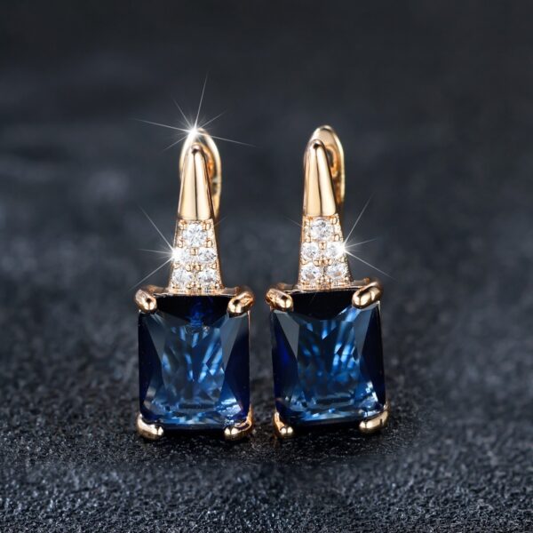 Champagne Gold Rectangular Chamfered Sapphire Blue Earrings For Women